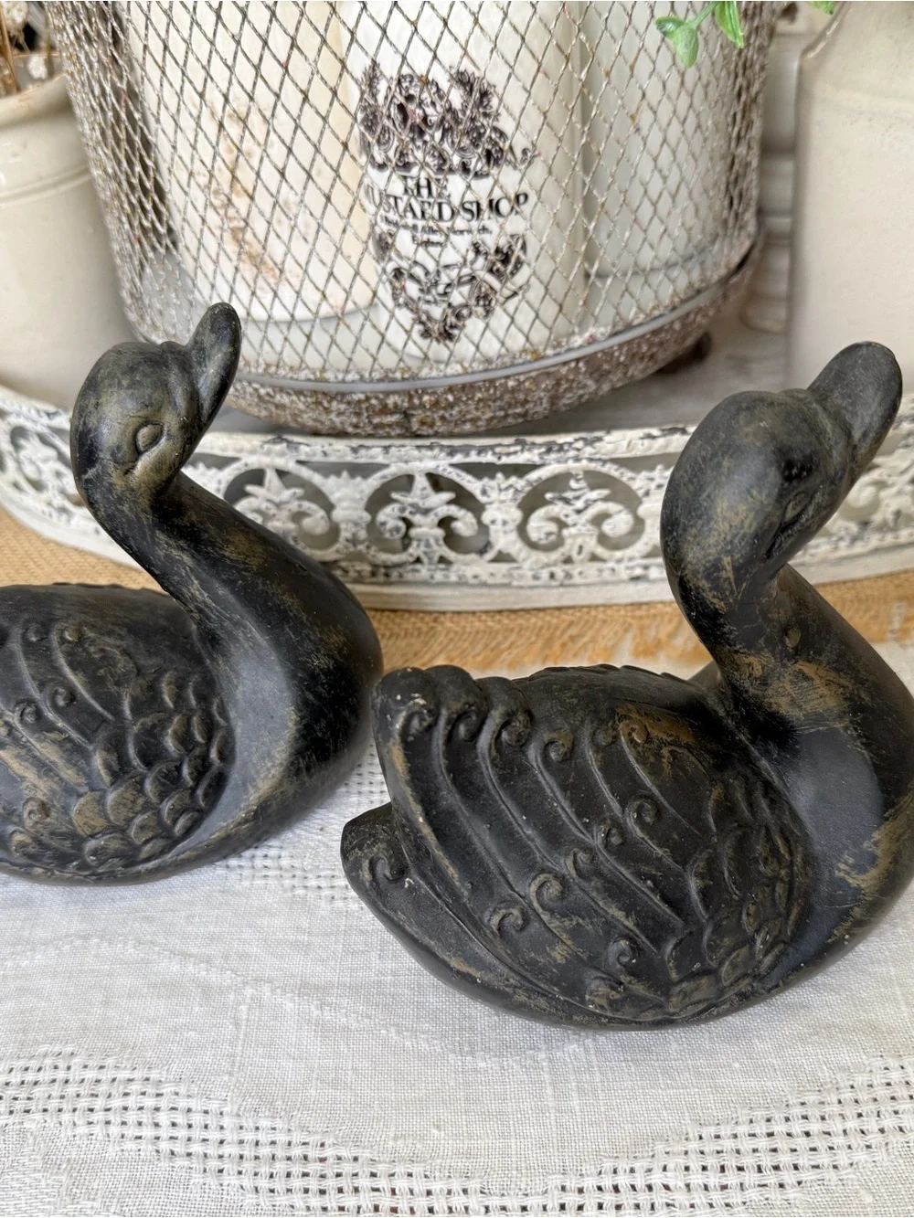 Vintage MCM Swan Figurine Pair • Black Matte with Gold Accent